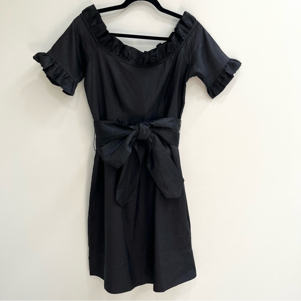 Gretchen Scott black 100% linen midi dress off shoulder ruffle trim size XS